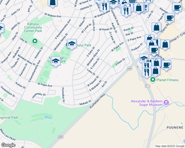 map of restaurants, bars, coffee shops, grocery stores, and more near 562 Laau Street in Kahului