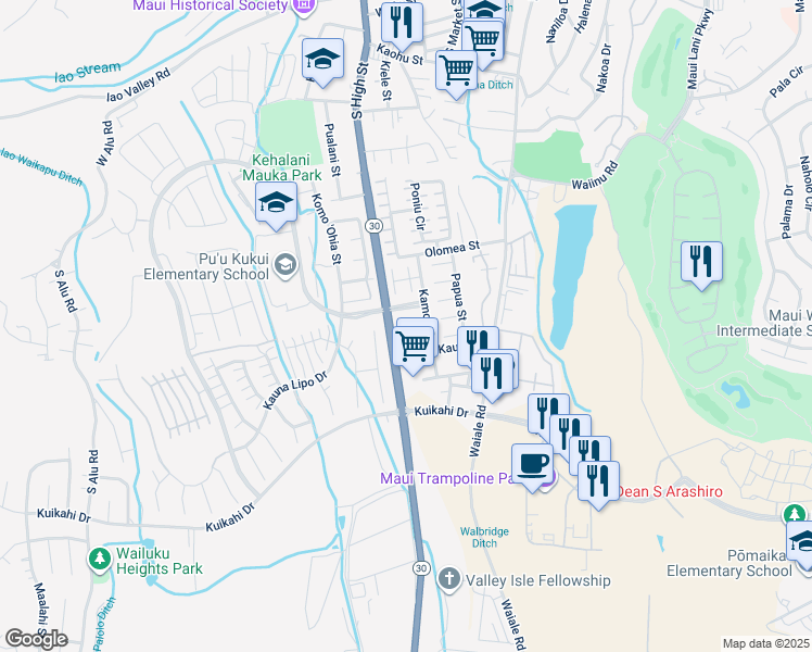 map of restaurants, bars, coffee shops, grocery stores, and more near 9 Emoloa Place in Wailuku