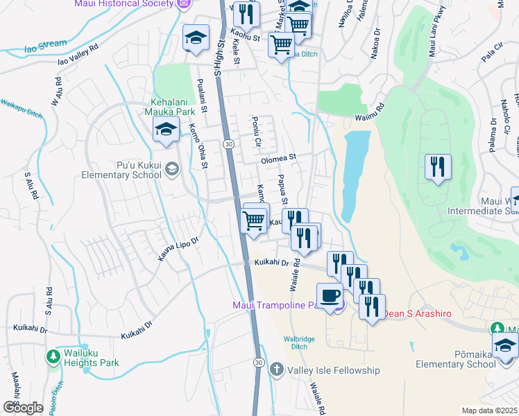 map of restaurants, bars, coffee shops, grocery stores, and more near 27 Palekaiko Place in Wailuku