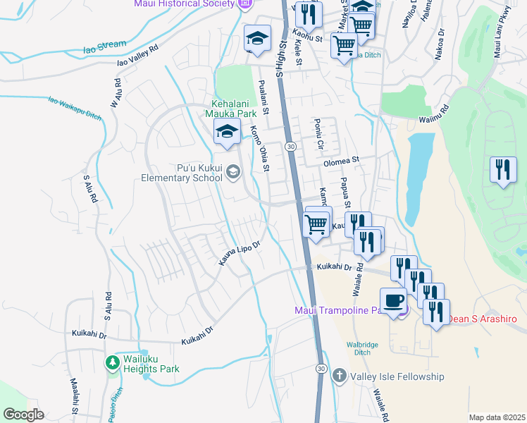 map of restaurants, bars, coffee shops, grocery stores, and more near 5 Kamauhalii Way in Wailuku
