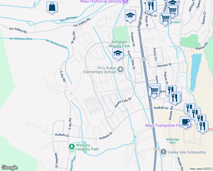 map of restaurants, bars, coffee shops, grocery stores, and more near 114 Nanu Place in Wailuku