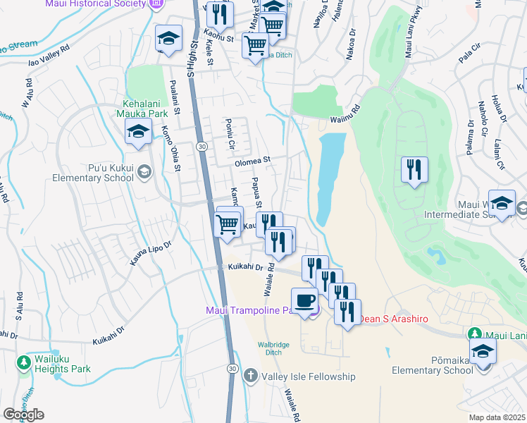 map of restaurants, bars, coffee shops, grocery stores, and more near 751 Papua Street in Wailuku