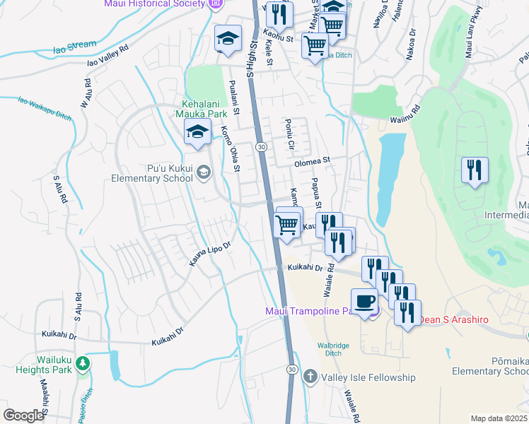 map of restaurants, bars, coffee shops, grocery stores, and more near 11 Hakalani Place in Wailuku