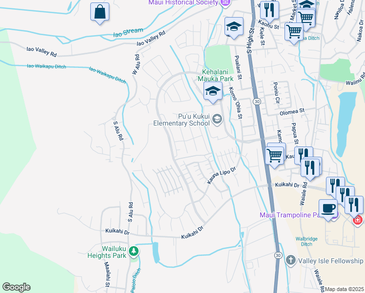 map of restaurants, bars, coffee shops, grocery stores, and more near 41 Palaa Place in Wailuku