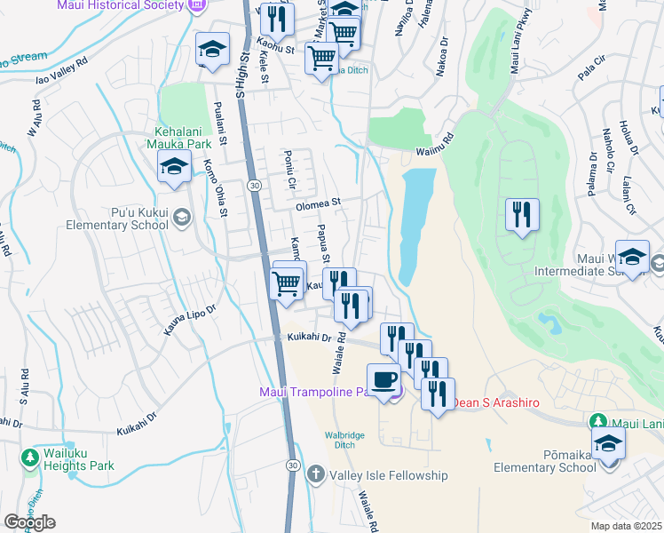 map of restaurants, bars, coffee shops, grocery stores, and more near 751 Papua Street in Wailuku