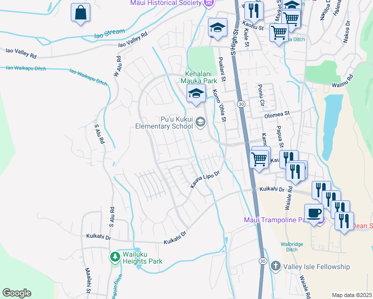 map of restaurants, bars, coffee shops, grocery stores, and more near 348 Laniuma Place in Wailuku