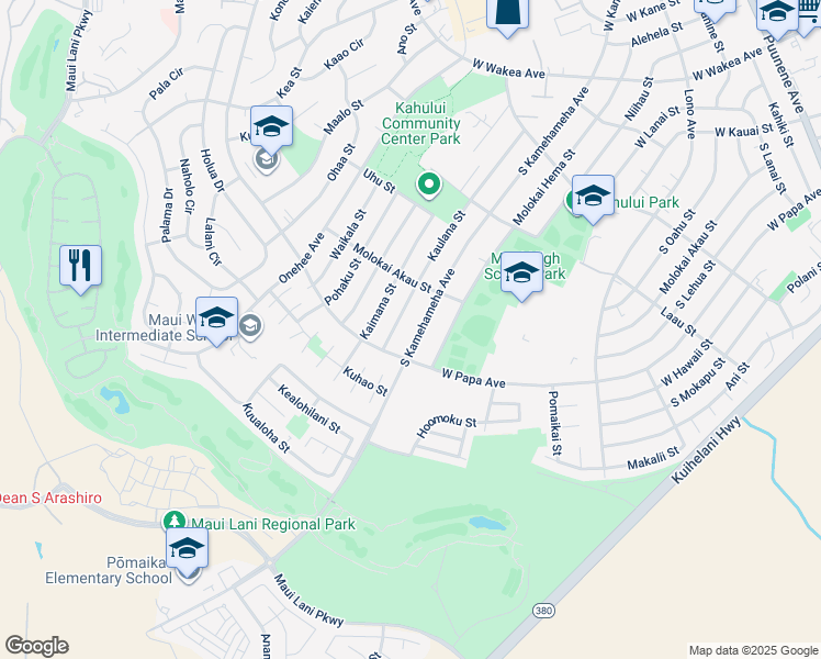 map of restaurants, bars, coffee shops, grocery stores, and more near 592 South Kamehameha Avenue in Kahului