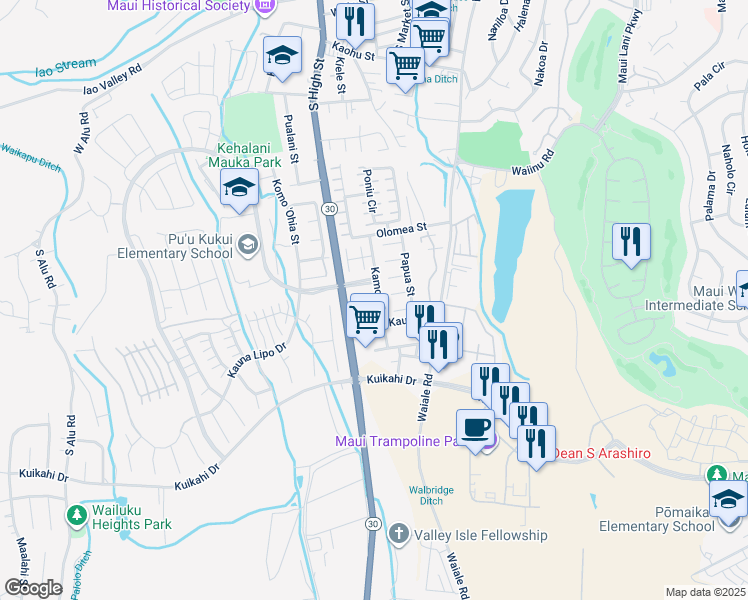map of restaurants, bars, coffee shops, grocery stores, and more near 27 Palekaiko Place in Wailuku