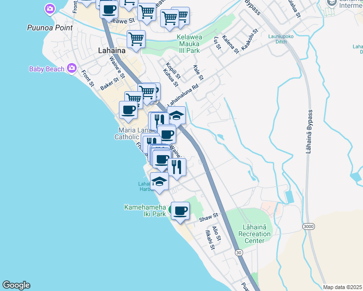 map of restaurants, bars, coffee shops, grocery stores, and more near 660 Wainee Street in Lahaina