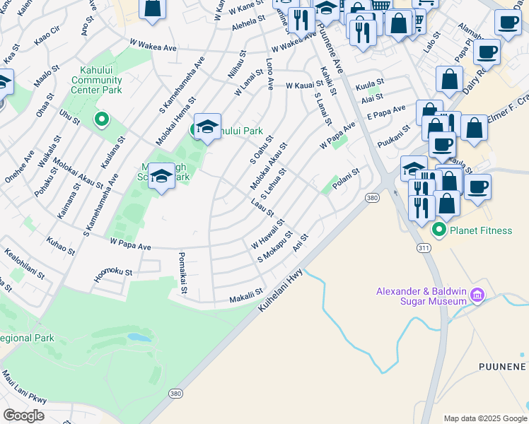 map of restaurants, bars, coffee shops, grocery stores, and more near 562 Laau Street in Kahului