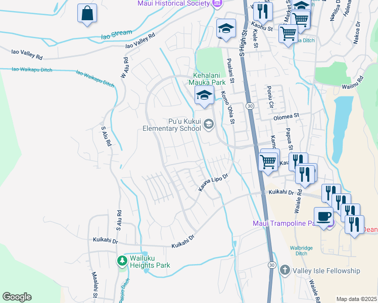 map of restaurants, bars, coffee shops, grocery stores, and more near 115 Nanu Place in Wailuku