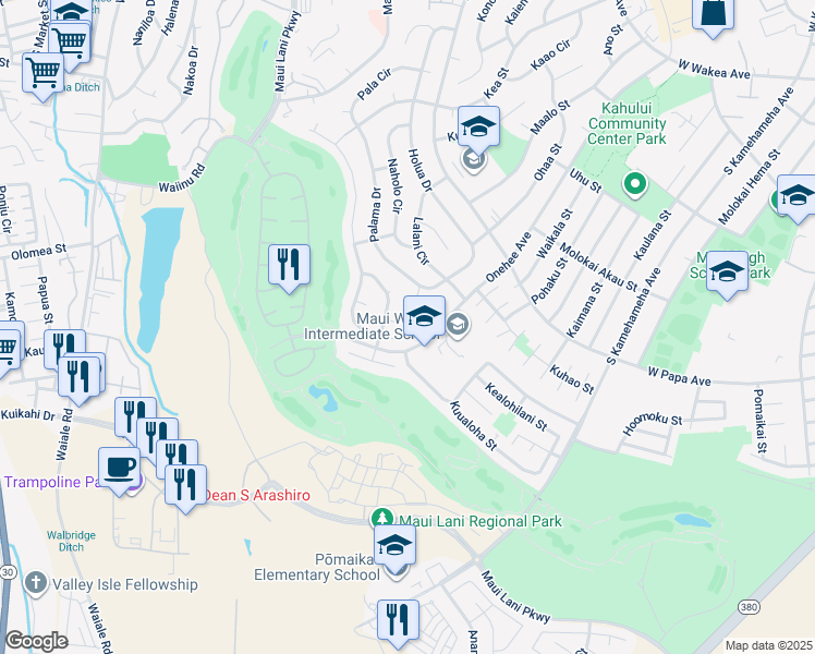 map of restaurants, bars, coffee shops, grocery stores, and more near 333 Puumakani Place in Kahului