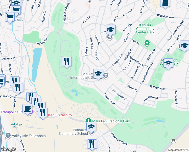 map of restaurants, bars, coffee shops, grocery stores, and more near 333 Puumakani Place in Kahului