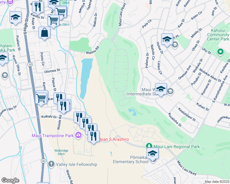 map of restaurants, bars, coffee shops, grocery stores, and more near 279 Kamalei Circle in Kahului