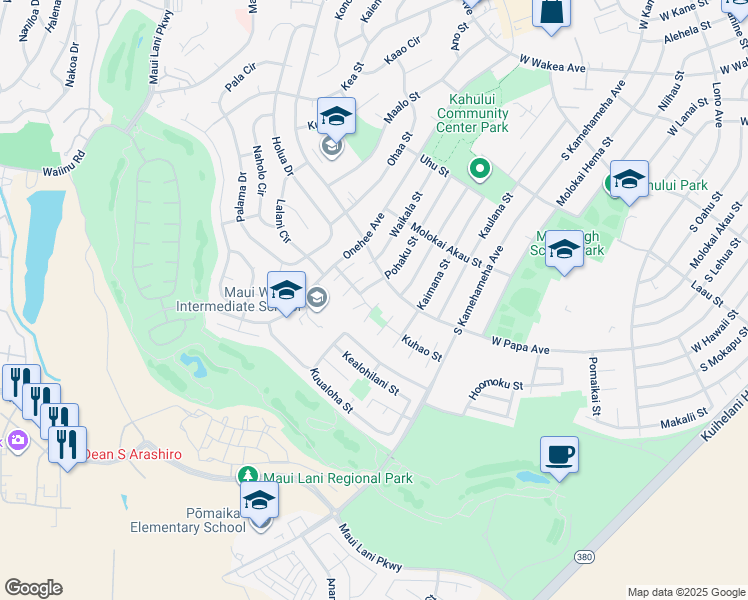 map of restaurants, bars, coffee shops, grocery stores, and more near 650 Pona Way in Kahului