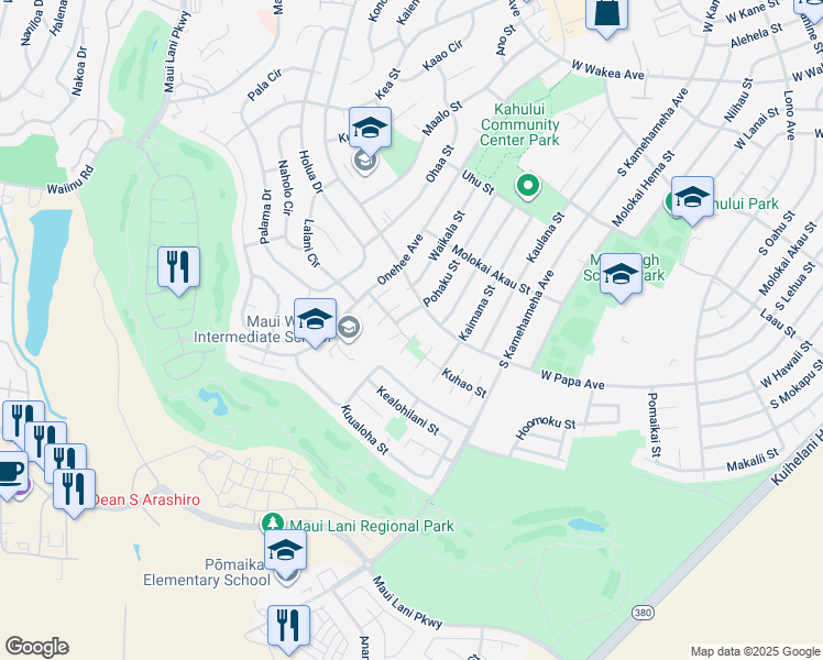 map of restaurants, bars, coffee shops, grocery stores, and more near 650 Pona Way in Kahului