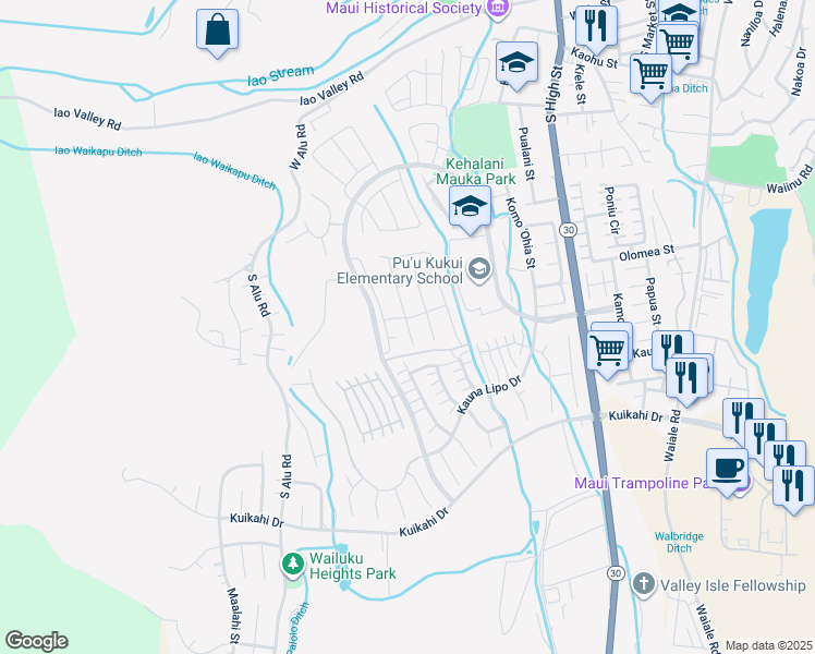 map of restaurants, bars, coffee shops, grocery stores, and more near 35 Palaa Place in Wailuku