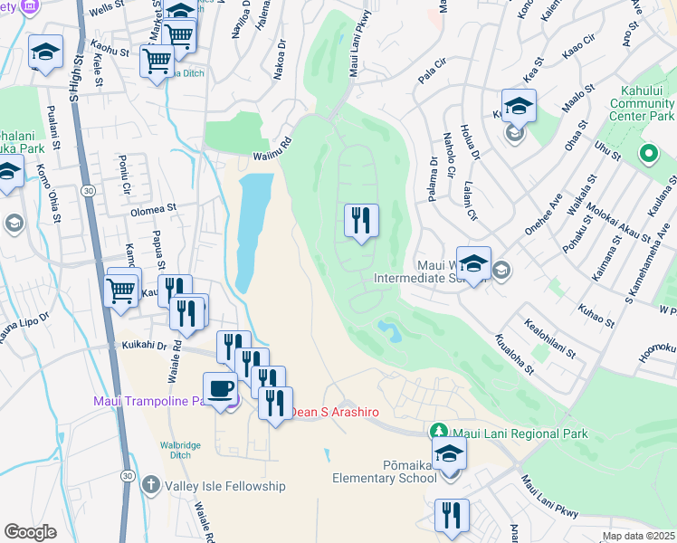 map of restaurants, bars, coffee shops, grocery stores, and more near 279 Kamalei Circle in Kahului