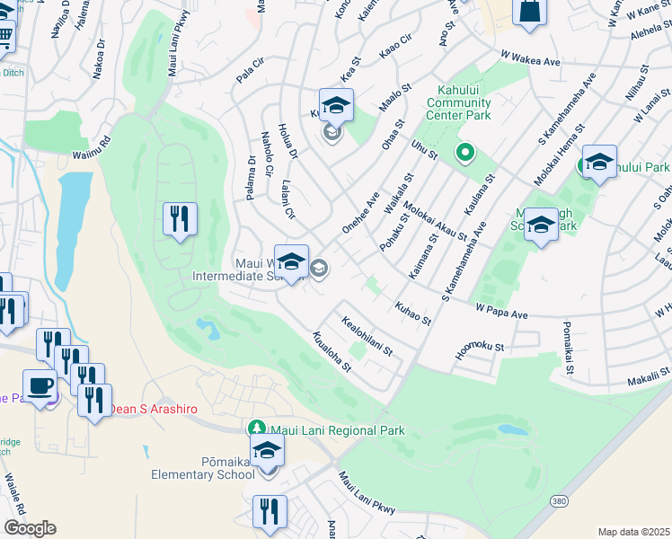 map of restaurants, bars, coffee shops, grocery stores, and more near 708 Kaulu Place in Kahului