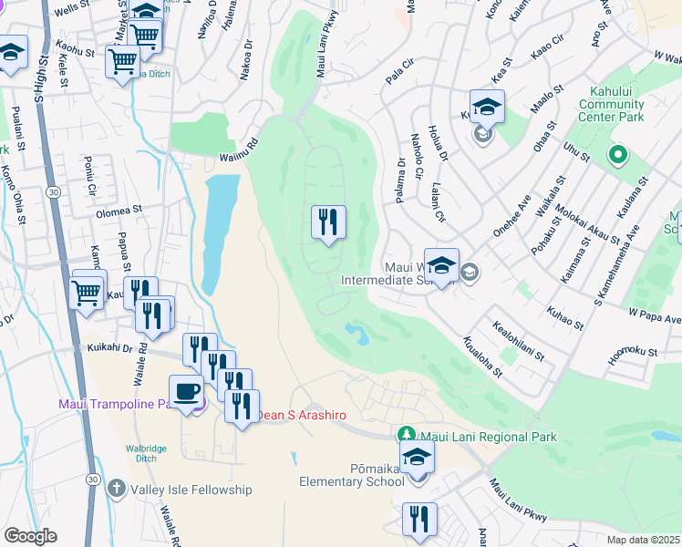 map of restaurants, bars, coffee shops, grocery stores, and more near 233 Kamalei Circle in Kahului