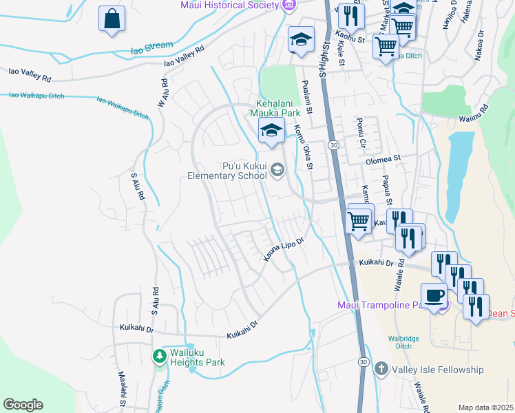 map of restaurants, bars, coffee shops, grocery stores, and more near 342 Laniuma Place in Wailuku