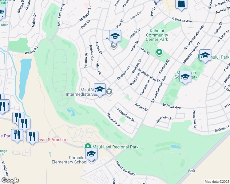 map of restaurants, bars, coffee shops, grocery stores, and more near 708 Kaulu Place in Kahului