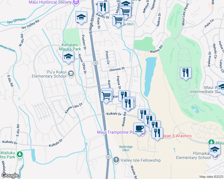 map of restaurants, bars, coffee shops, grocery stores, and more near 1911 Launiupoko Place in Wailuku
