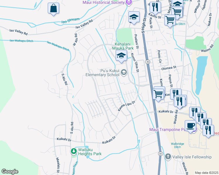 map of restaurants, bars, coffee shops, grocery stores, and more near 108 Nanu Place in Wailuku