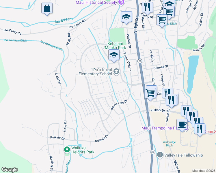 map of restaurants, bars, coffee shops, grocery stores, and more near 342 Laniuma Place in Wailuku