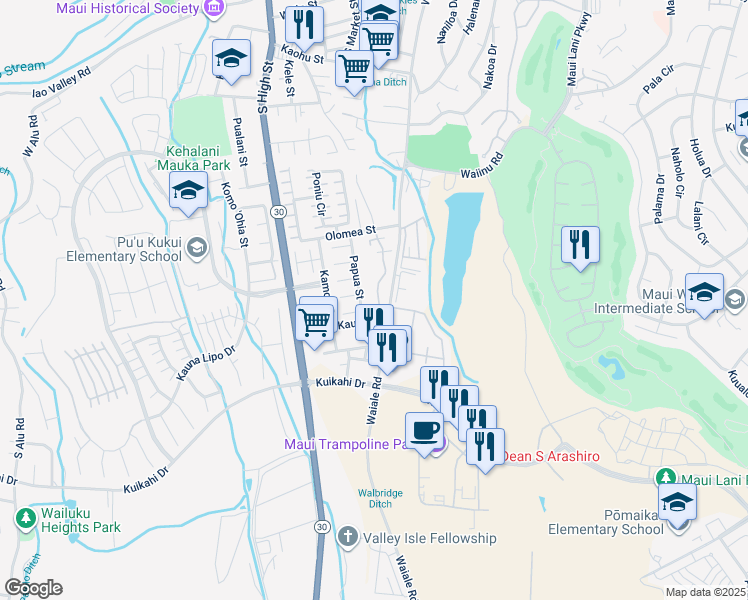 map of restaurants, bars, coffee shops, grocery stores, and more near 682 Meakanu Lane in Wailuku
