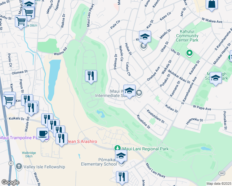 map of restaurants, bars, coffee shops, grocery stores, and more near 133 Huluhulu Street in Kahului