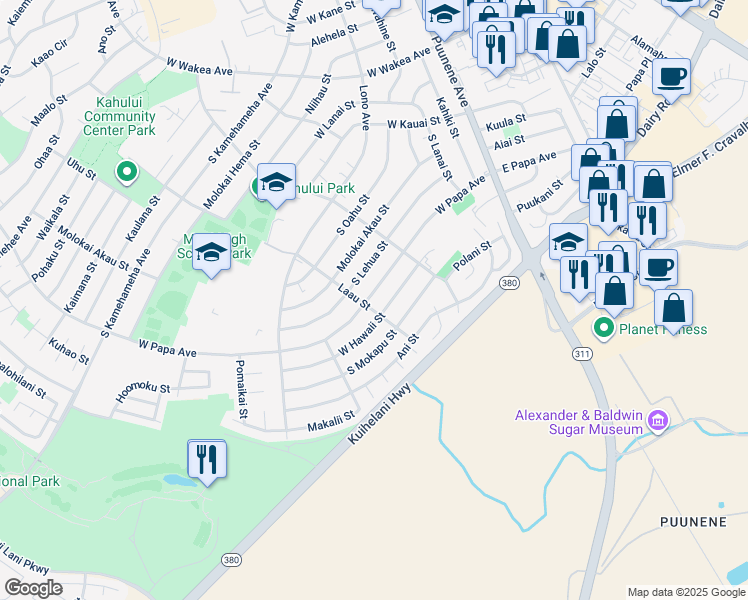 map of restaurants, bars, coffee shops, grocery stores, and more near 257 West Papa Avenue in Kahului