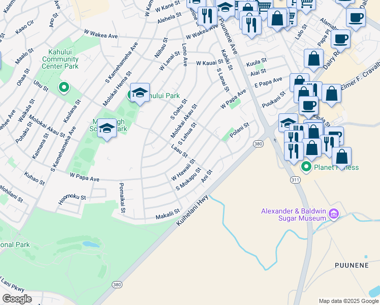 map of restaurants, bars, coffee shops, grocery stores, and more near 257 West Papa Avenue in Kahului