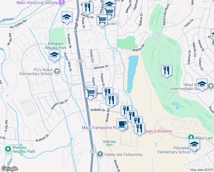 map of restaurants, bars, coffee shops, grocery stores, and more near 682 Meakanu Lane in Wailuku