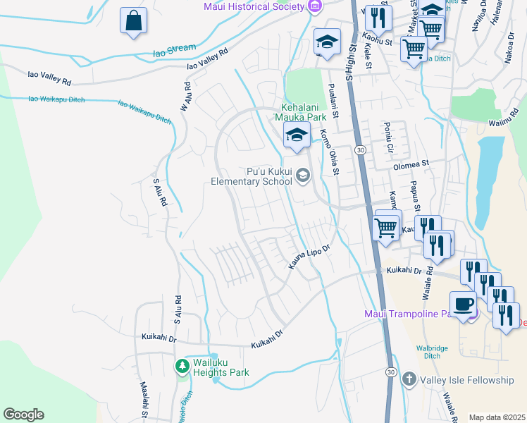 map of restaurants, bars, coffee shops, grocery stores, and more near 40 Palaa Place in Wailuku