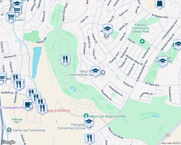 map of restaurants, bars, coffee shops, grocery stores, and more near 325 Puumakani Place in Kahului