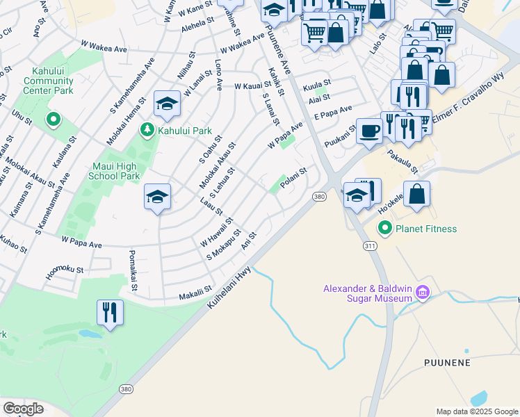 map of restaurants, bars, coffee shops, grocery stores, and more near 187 South Mokapu Street in Kahului
