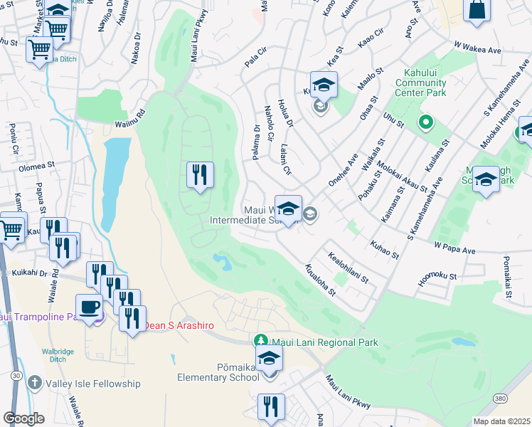 map of restaurants, bars, coffee shops, grocery stores, and more near 138 Huluhulu Street in Kahului