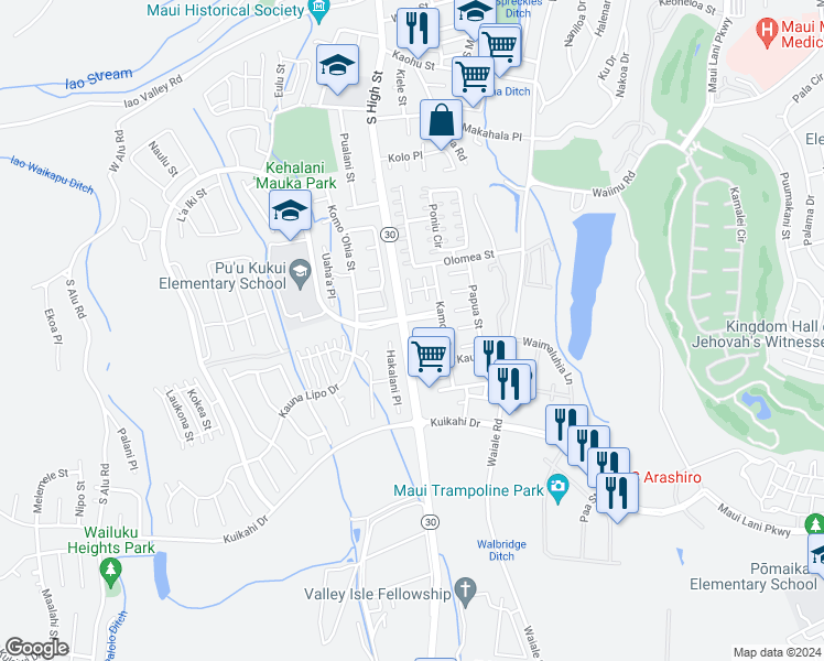map of restaurants, bars, coffee shops, grocery stores, and more near 18 Emoloa Place in Wailuku