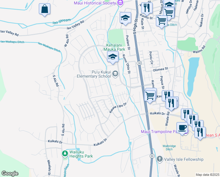 map of restaurants, bars, coffee shops, grocery stores, and more near 343 Laniuma Place in Wailuku