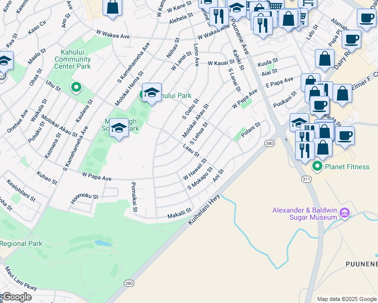 map of restaurants, bars, coffee shops, grocery stores, and more near 285 South Lehua Street in Kahului