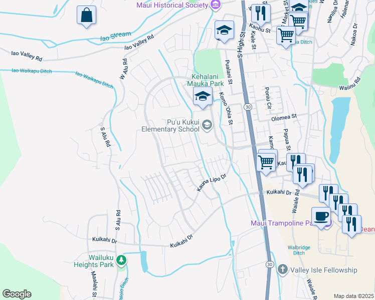 map of restaurants, bars, coffee shops, grocery stores, and more near 109 Nanu Place in Wailuku
