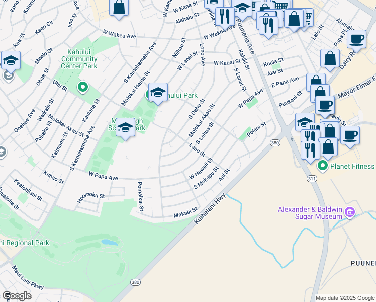 map of restaurants, bars, coffee shops, grocery stores, and more near 300 South Lehua Street in Kahului