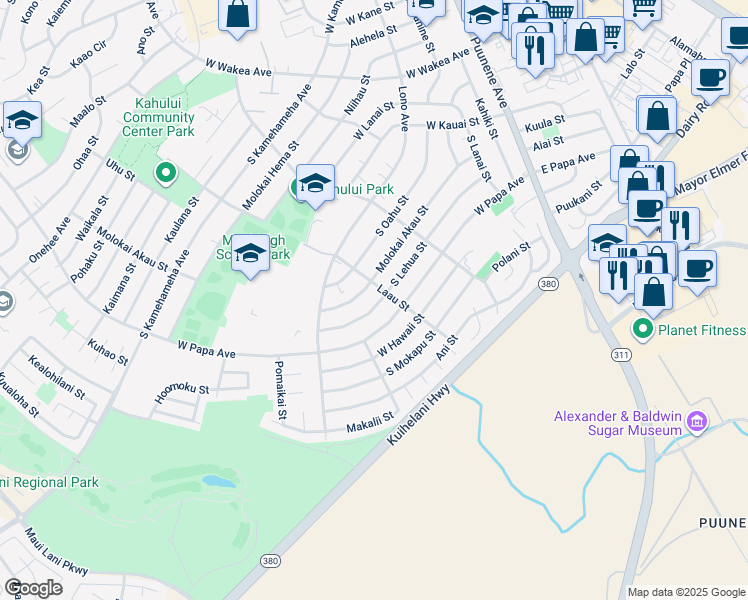 map of restaurants, bars, coffee shops, grocery stores, and more near 300 South Lehua Street in Kahului