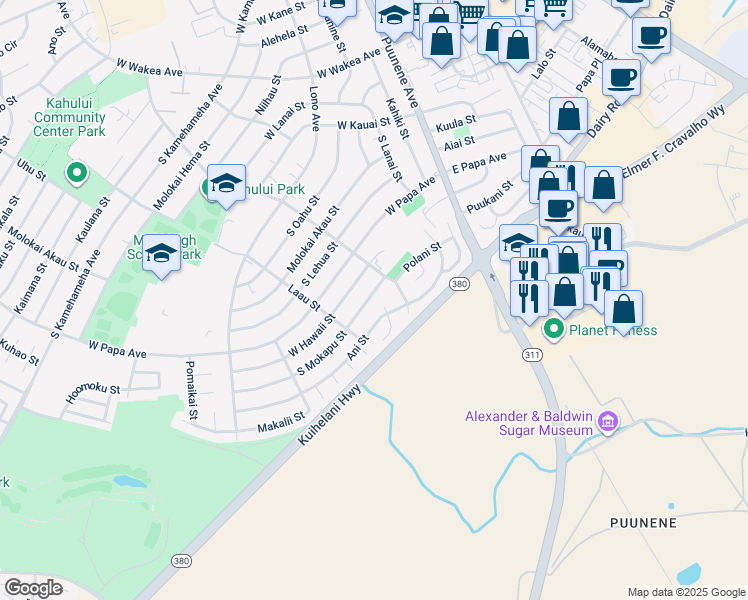map of restaurants, bars, coffee shops, grocery stores, and more near 187 South Mokapu Street in Kahului