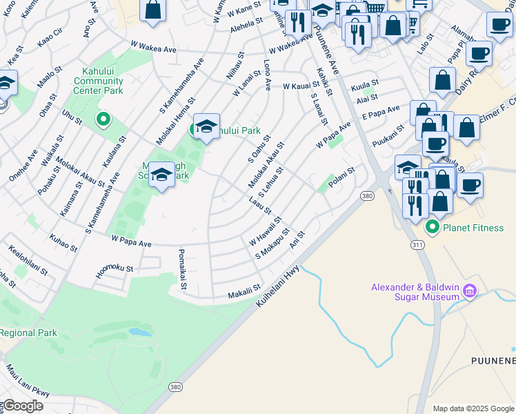 map of restaurants, bars, coffee shops, grocery stores, and more near 285 South Lehua Street in Kahului