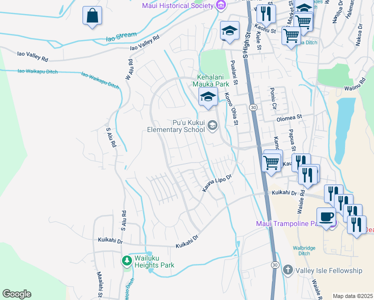 map of restaurants, bars, coffee shops, grocery stores, and more near 102 Nanu Place in Wailuku