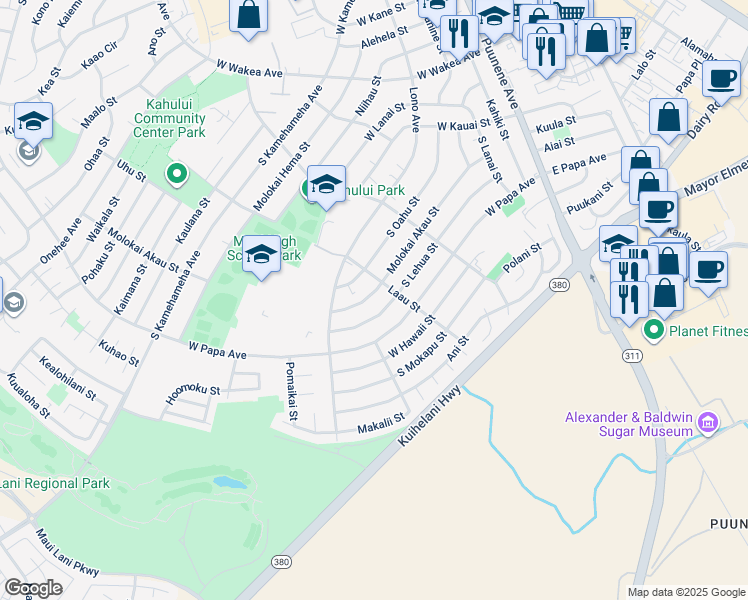 map of restaurants, bars, coffee shops, grocery stores, and more near 327 Molokai Akau Street in Kahului