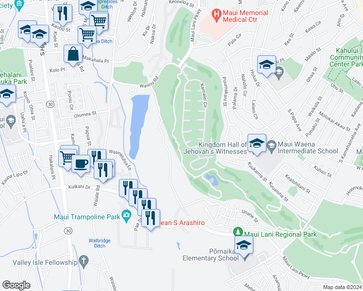 map of restaurants, bars, coffee shops, grocery stores, and more near 291 Kamalei Circle in Kahului