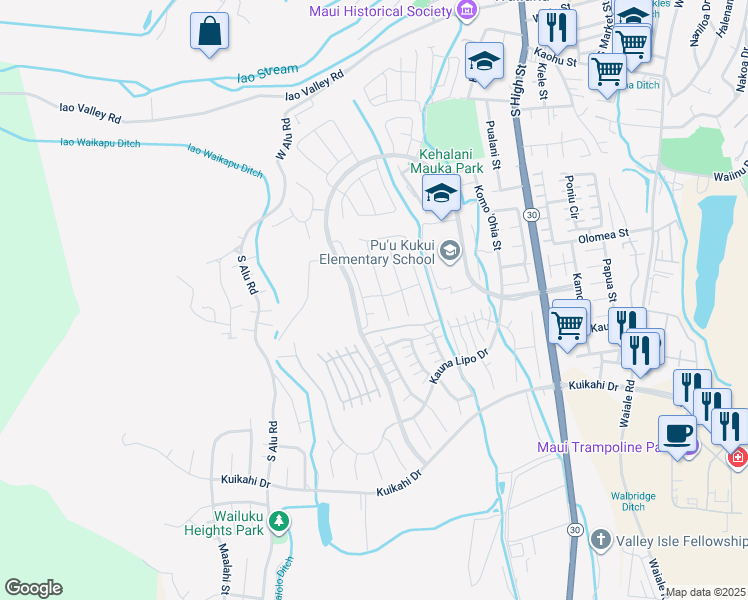 map of restaurants, bars, coffee shops, grocery stores, and more near 47 Palaa Place in Wailuku